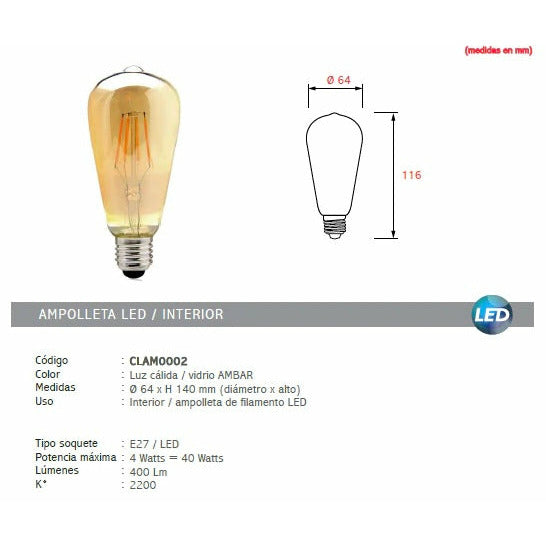 Ampolleta Classic Led Ambar - Big Pig Chile