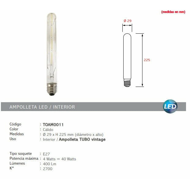 Ampolleta tubo vintage LED L - Big Pig Chile